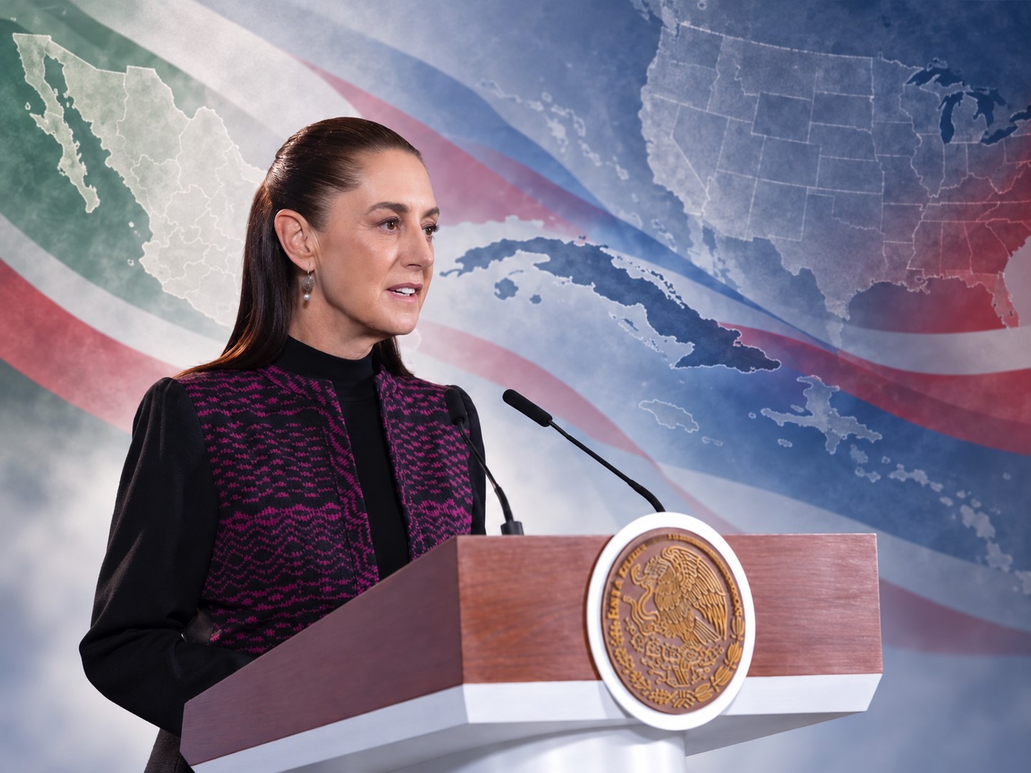 Claudia Sheinbaum habla desde un atril frente a una composición gráfica con mapas de México, Cuba y Estados Unidos.