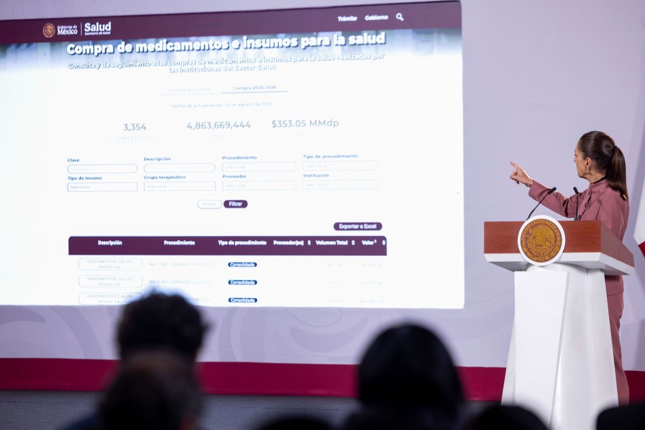 Claudia Sheinbaum muestra la plataforma de compra consolidada de medicamentos durante la conferencia matutina.