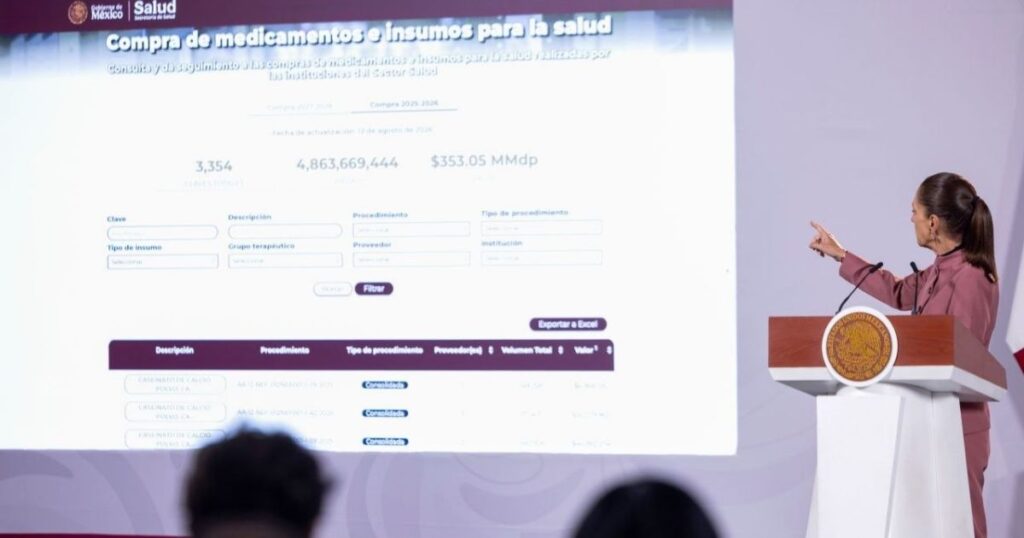 Claudia Sheinbaum muestra la plataforma de compra consolidada de medicamentos durante la conferencia matutina.
