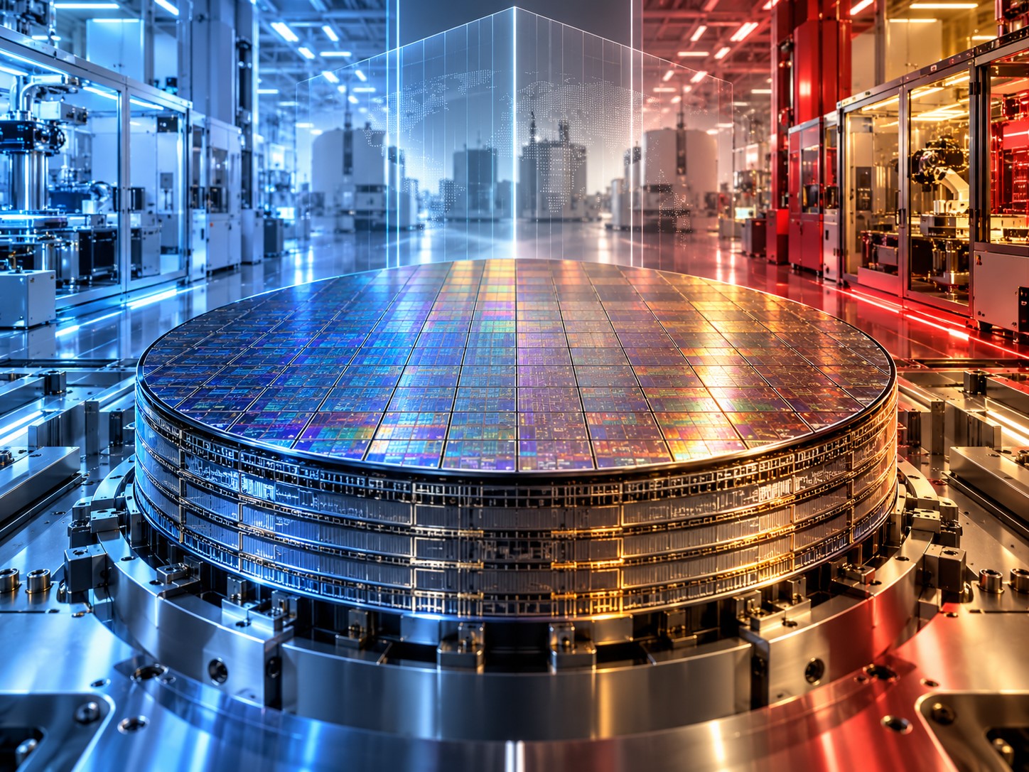 Oblea de silicio en una planta de semiconductores con iluminación azul y roja, una representación de la competencia en memoria NAND.