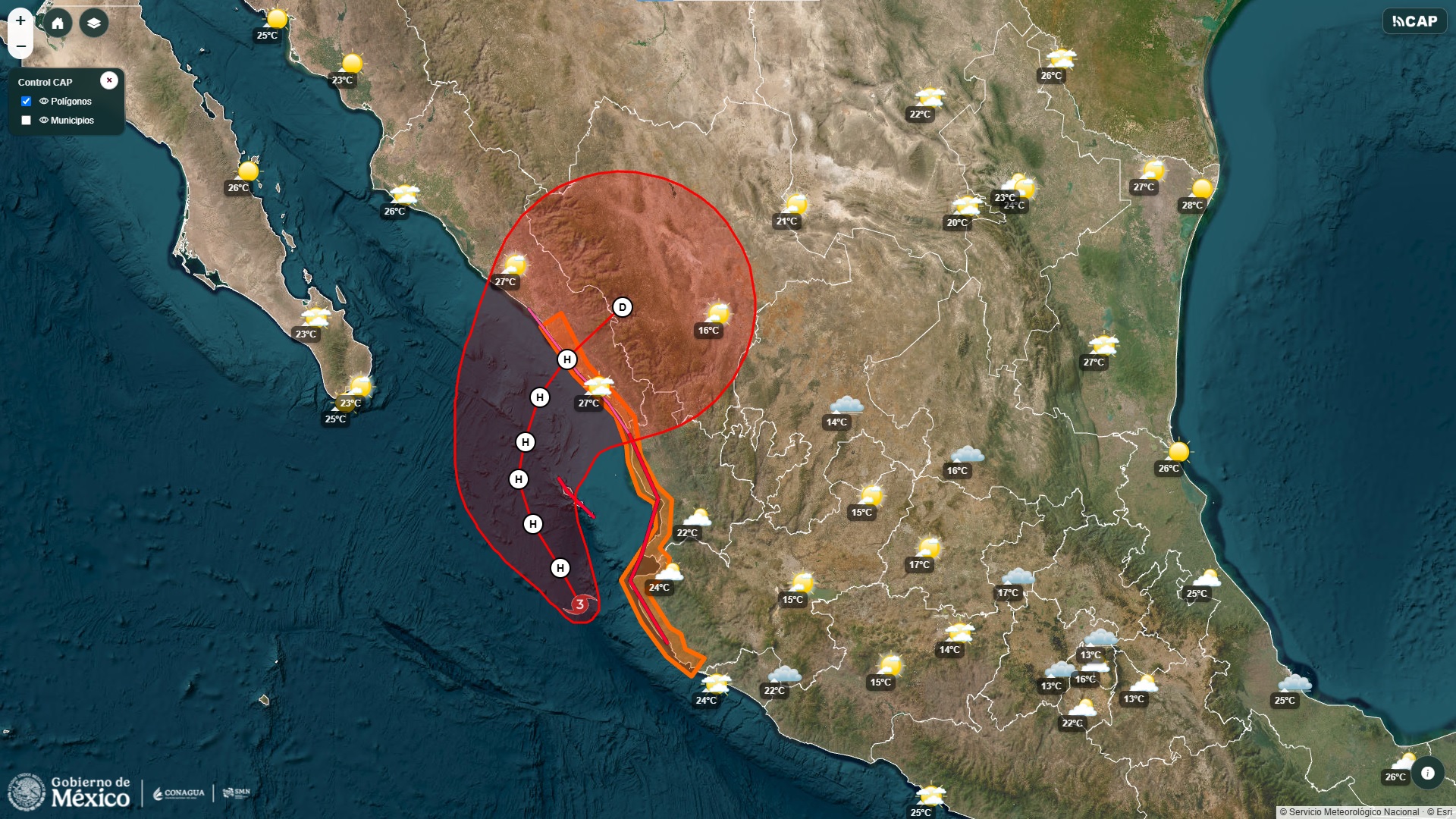 Mapa del Servicio Meteorológico Nacional con trayectoria y zonas de alerta del huracán Simón frente a las costas del Pacífico mexicano.