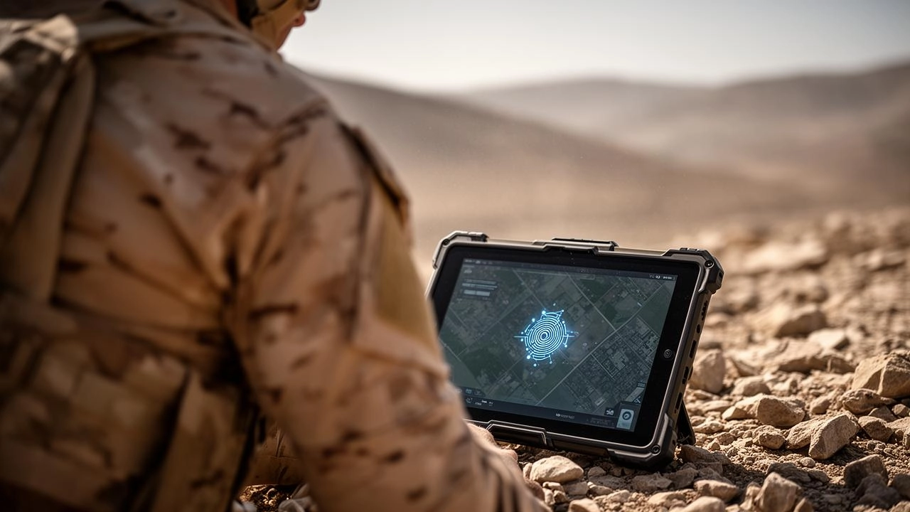 Militar consulta una tableta con un mapa digital durante una operación en terreno árido