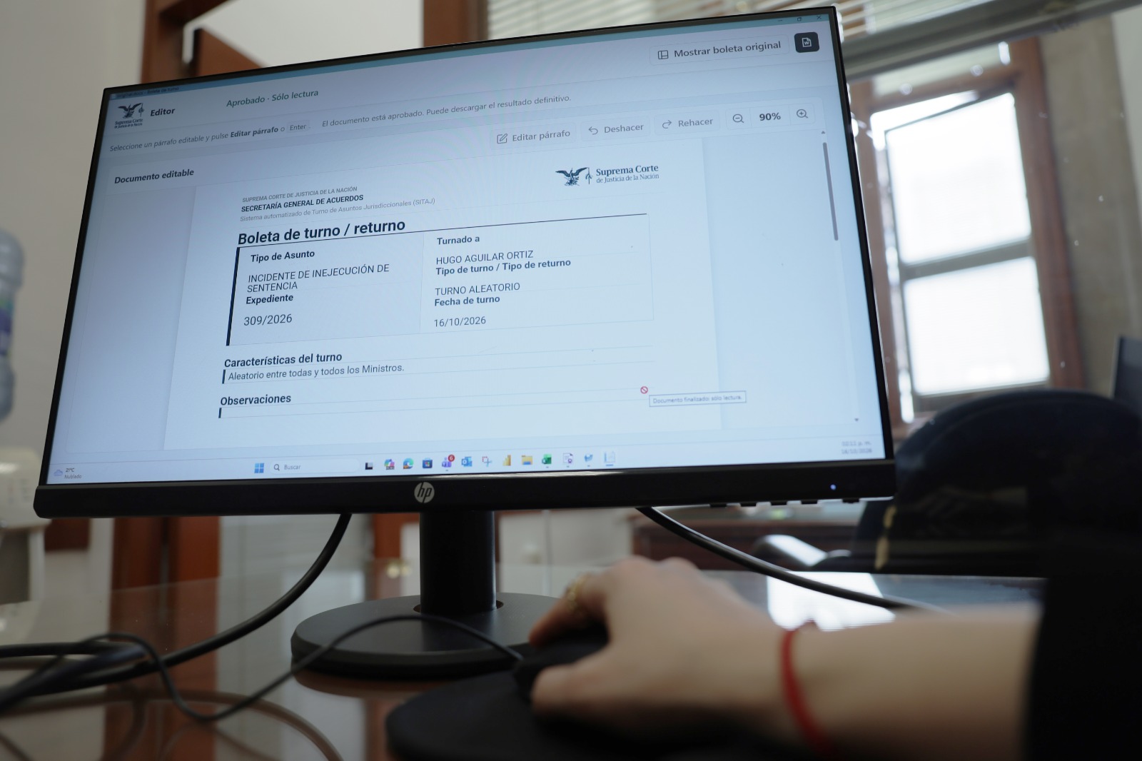 Pantalla de computadora que muestra una boleta de turno de la Suprema Corte de Justicia de la Nación