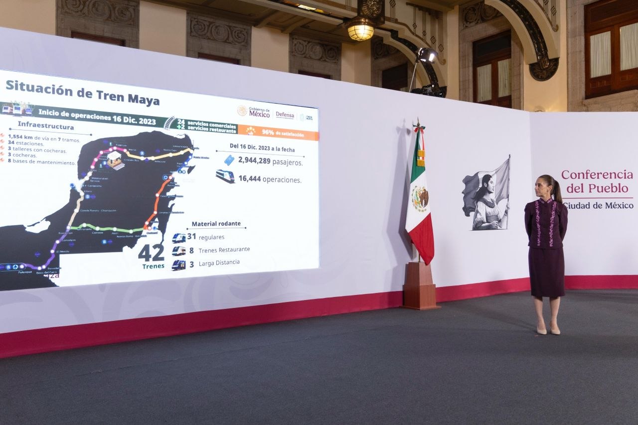 Presentación sobre la situación del Tren Maya con un mapa ferroviario proyectado y una persona de pie junto a la pantalla